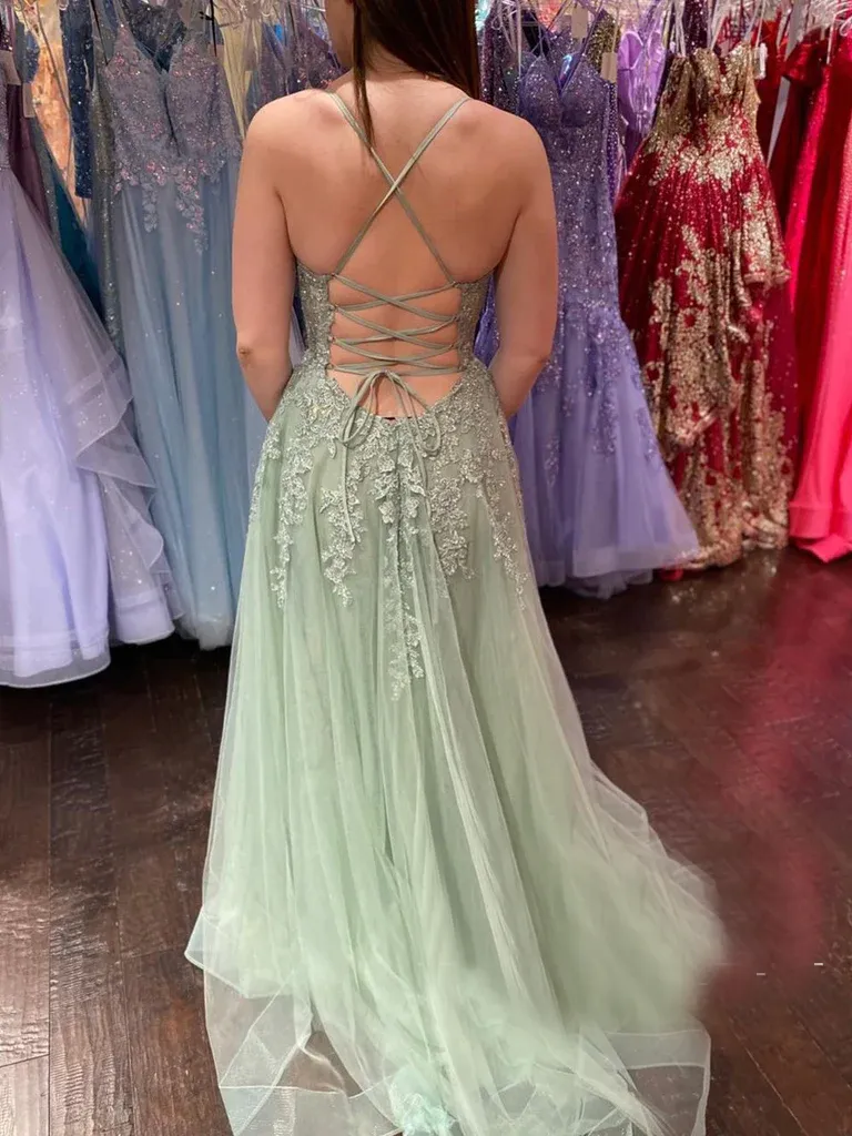 Spaghetti Straps Mint Green Long Prom Dress With Slit Appliqued Evening Dress sew1037