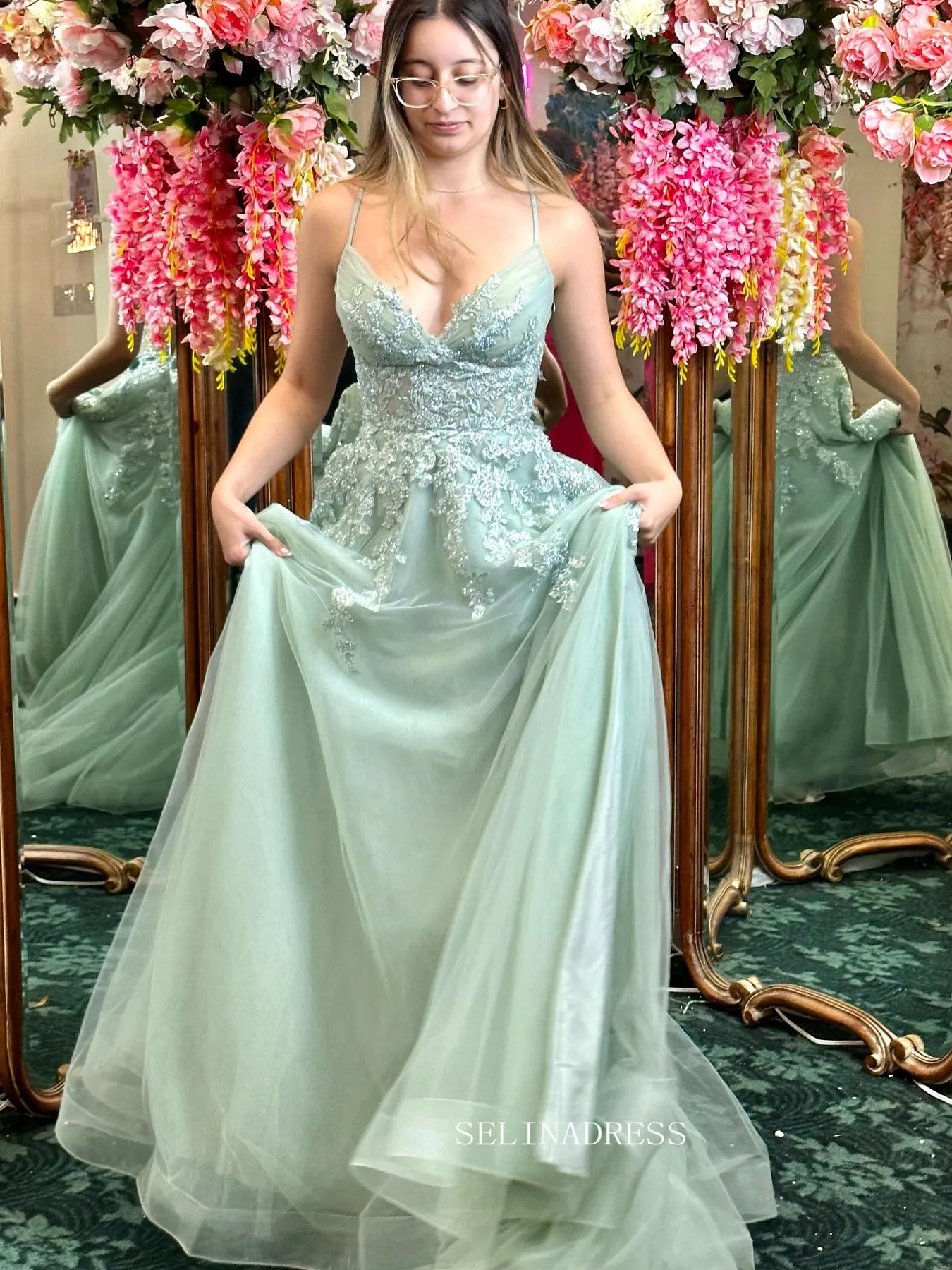 Spaghetti Straps Mint Green Long Prom Dress With Slit Appliqued Evening Dress sew1037
