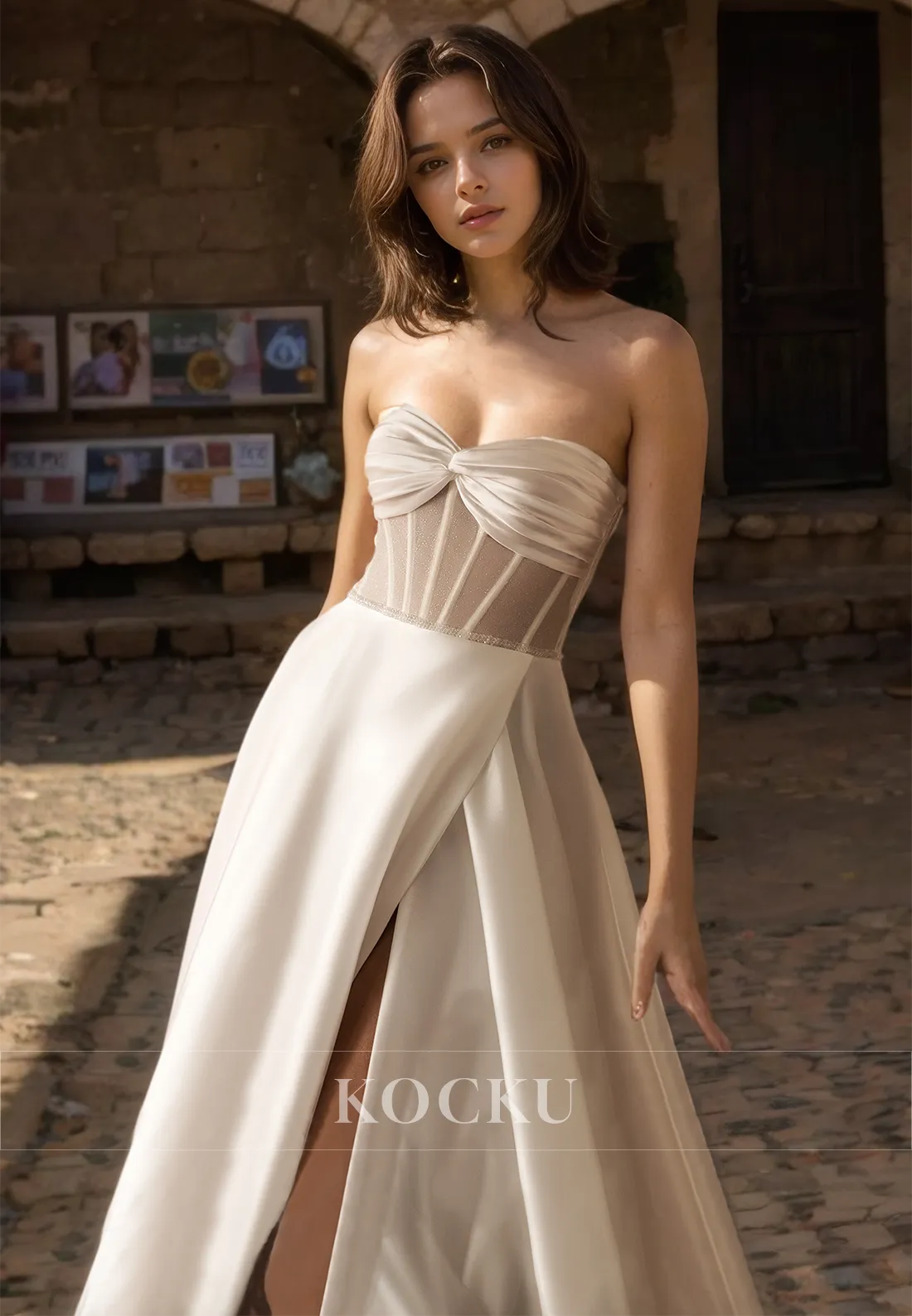 Sweetheart Sleeveless A-Line Stripe High Slit Train Pleats Bow Satin Wedding Dress Bridal Dress