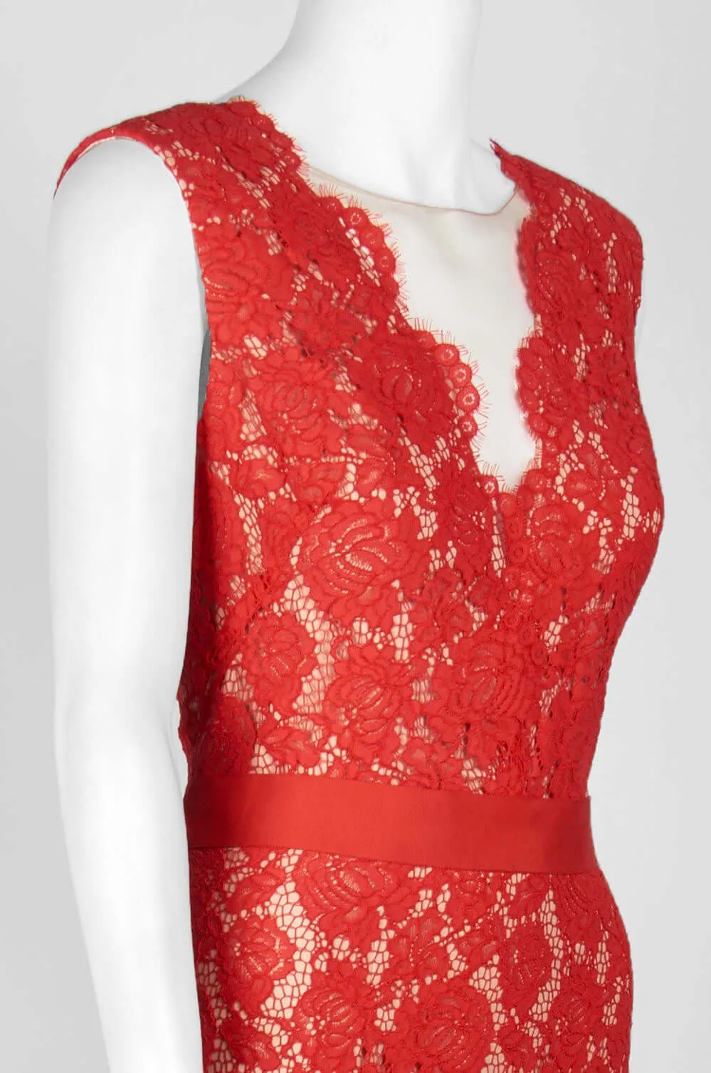 Theia Scalloped V-Neck Sleeveless Banded Waist Zipper Back Flutter Hem Floral Lace Gown