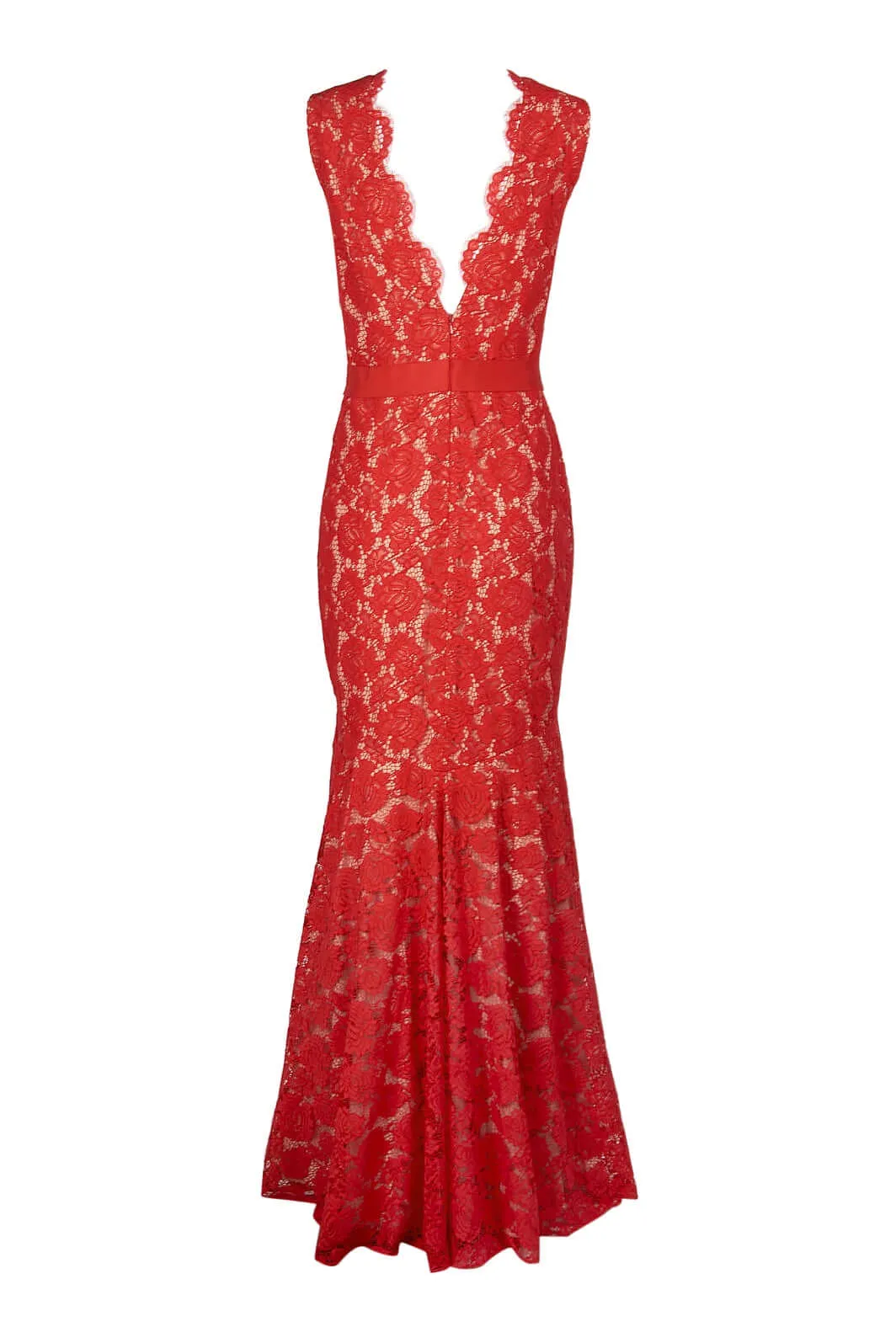 Theia Scalloped V-Neck Sleeveless Banded Waist Zipper Back Flutter Hem Floral Lace Gown