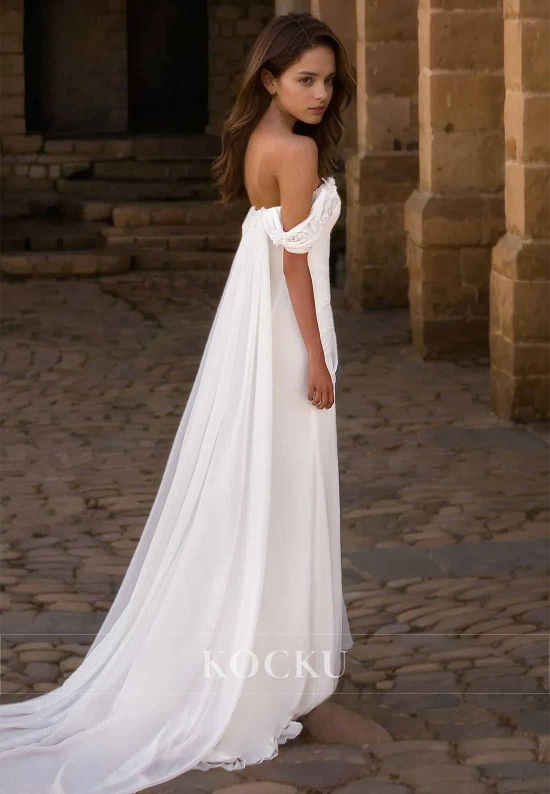 Tube Top Sheath Sleeveless High Slit Train Pleated Lace Wedding Dress with Floral Bridal Gowns