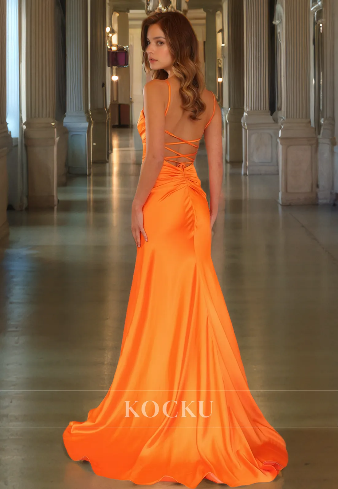 Tube Top Spaghetti Straps Sheath Sleeveless Pleated Satin Prom Dress with Train Evening Gowns