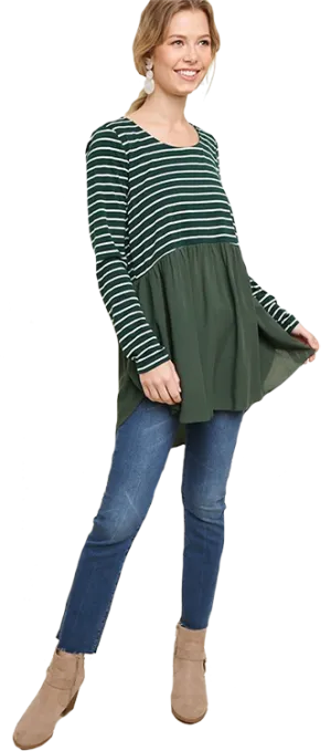 Umgee Babydoll Forest Green Stripe Top