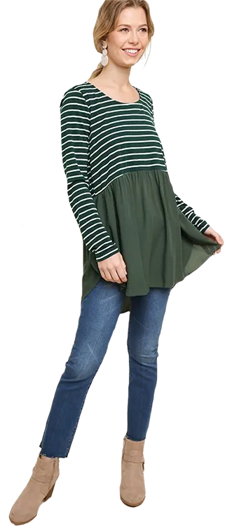 Umgee Babydoll Forest Green Stripe Top