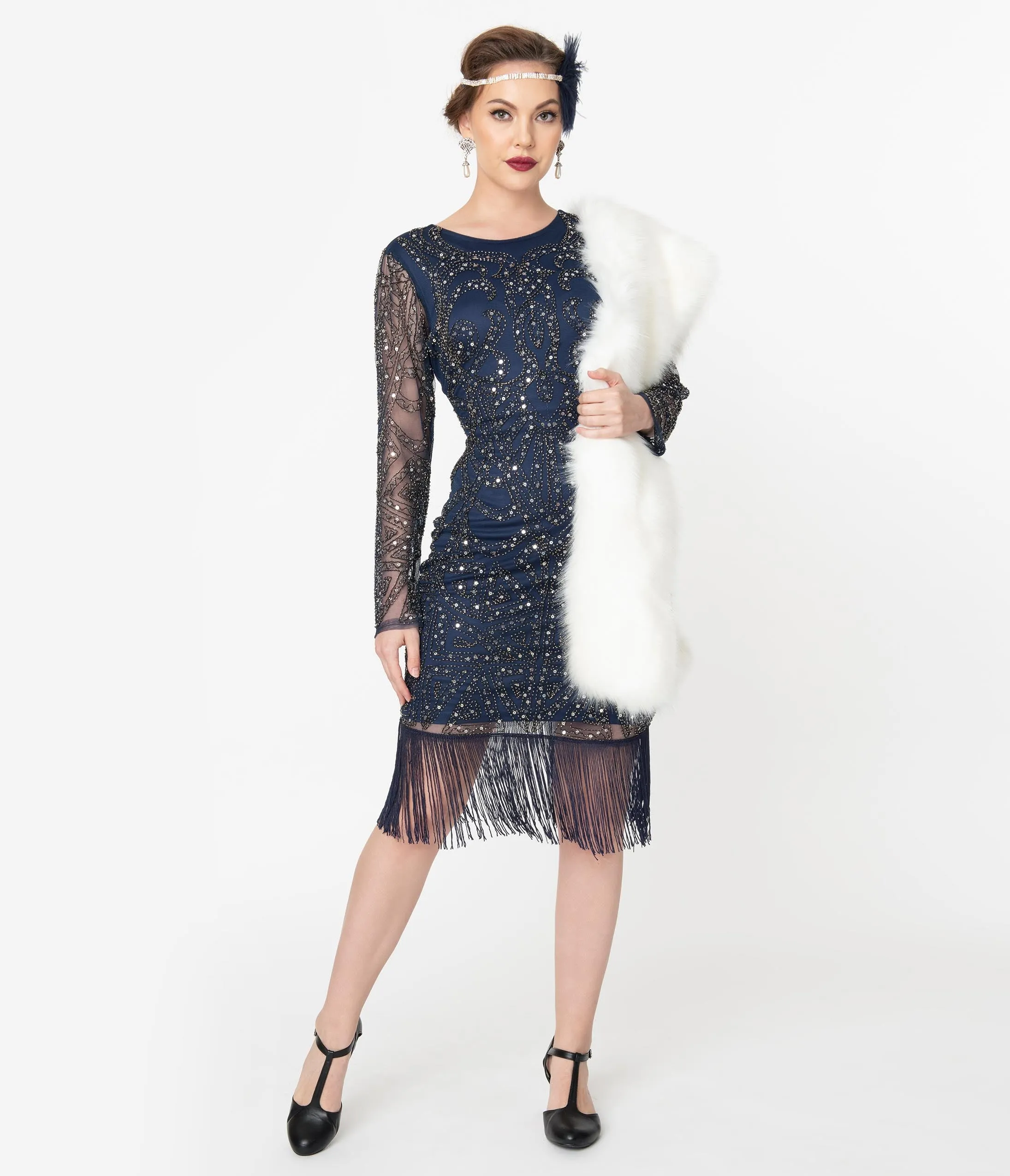 Unique Vintage 1920s Navy & Silver Sequin Long Sleeve Fringe Marchelle Cocktail Dress