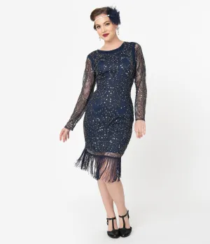 Unique Vintage 1920s Navy & Silver Sequin Long Sleeve Fringe Marchelle Cocktail Dress
