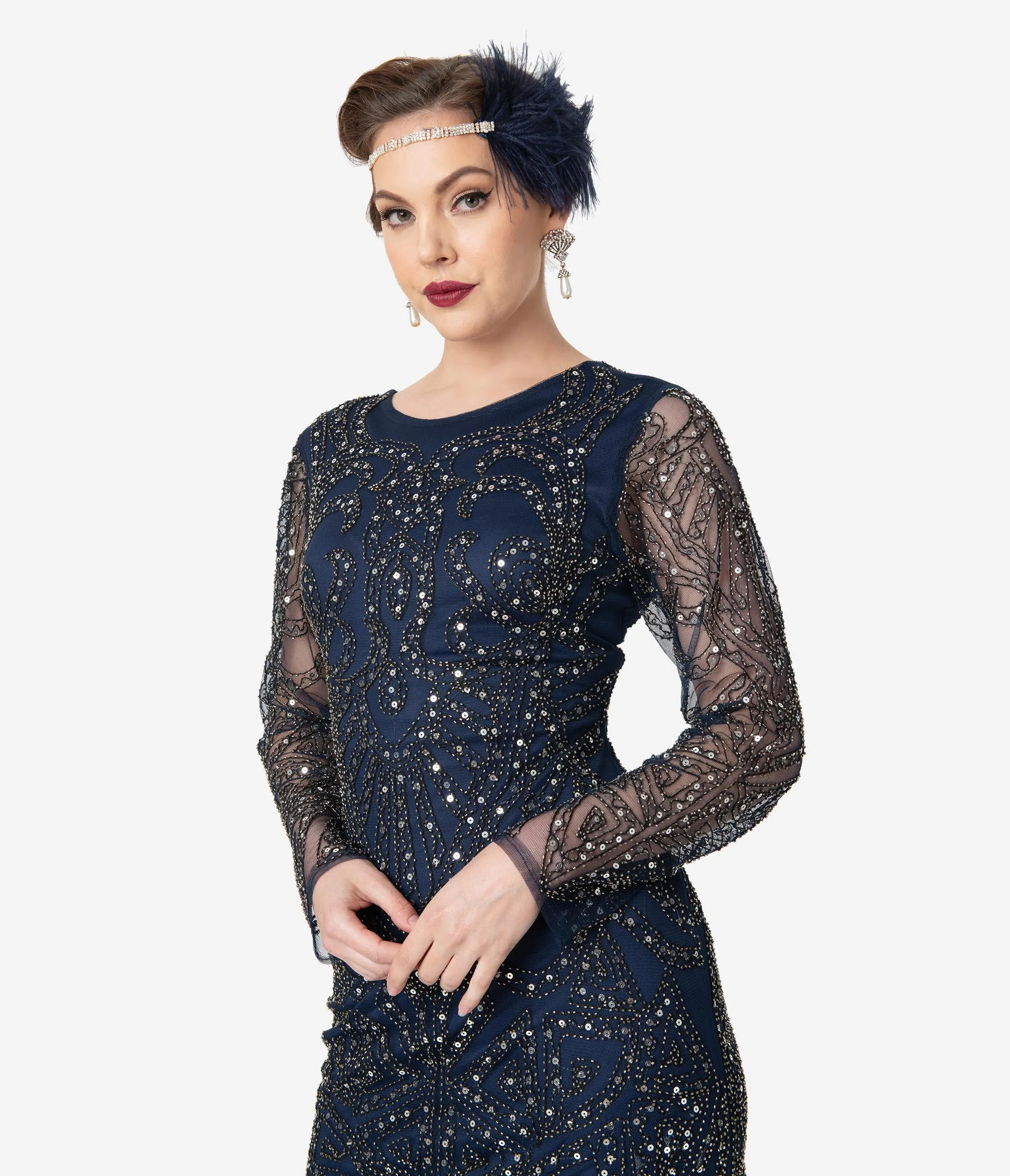 Unique Vintage 1920s Navy & Silver Sequin Long Sleeve Fringe Marchelle Cocktail Dress