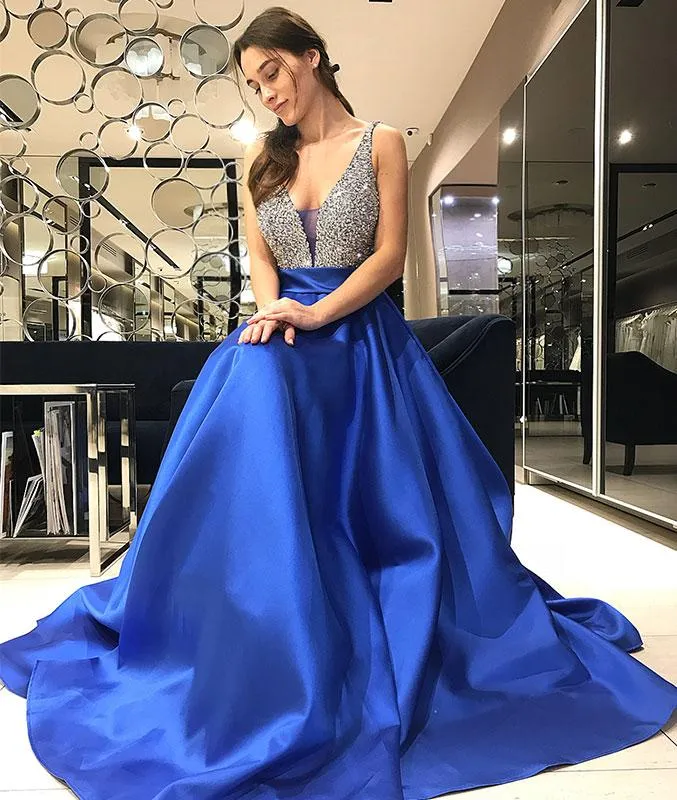 V Neck Sequin Blue Long Prom Dress, Blue Formal Dress, Blue Evening Dress