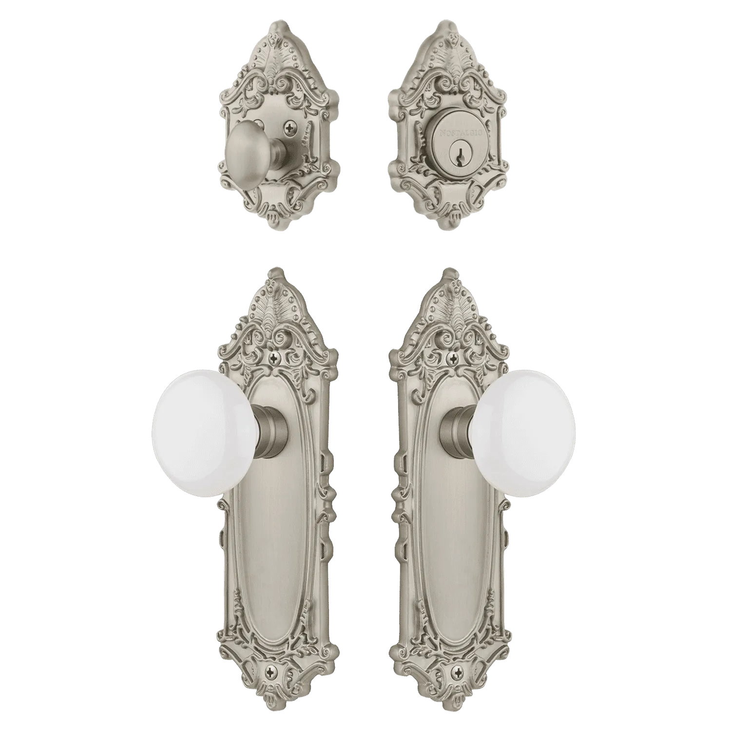 Victorian Entry Set with White Porcelain Knob in Satin Nickel