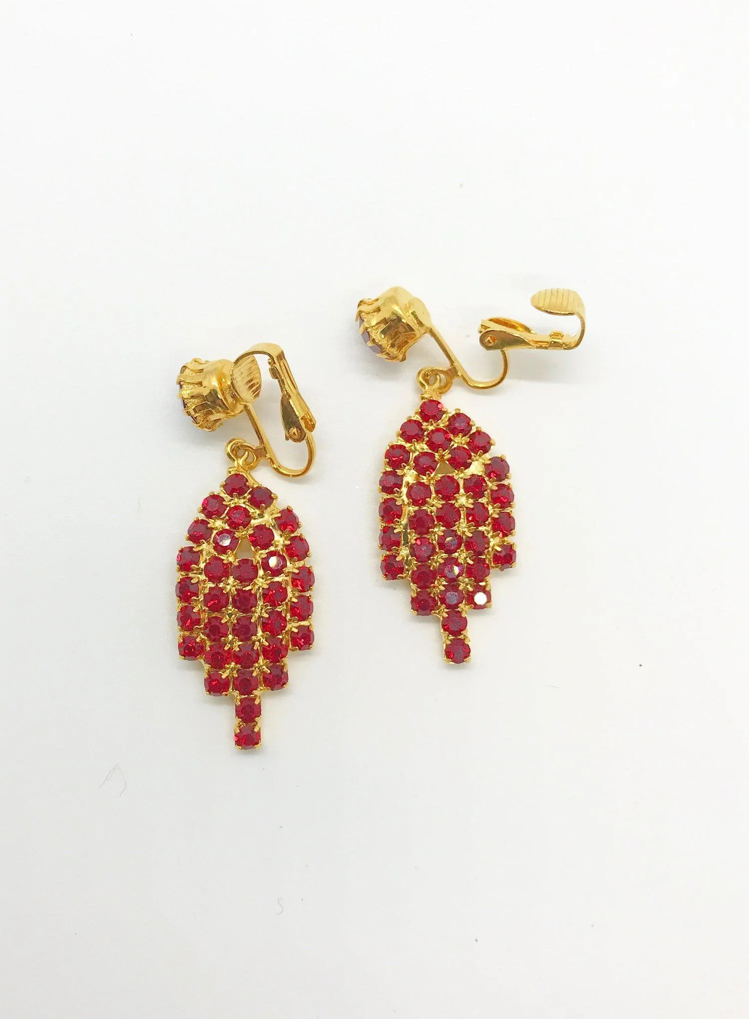 Vintage Art Deco Style Red Rhinestone Dangle Clip- On  Earrings