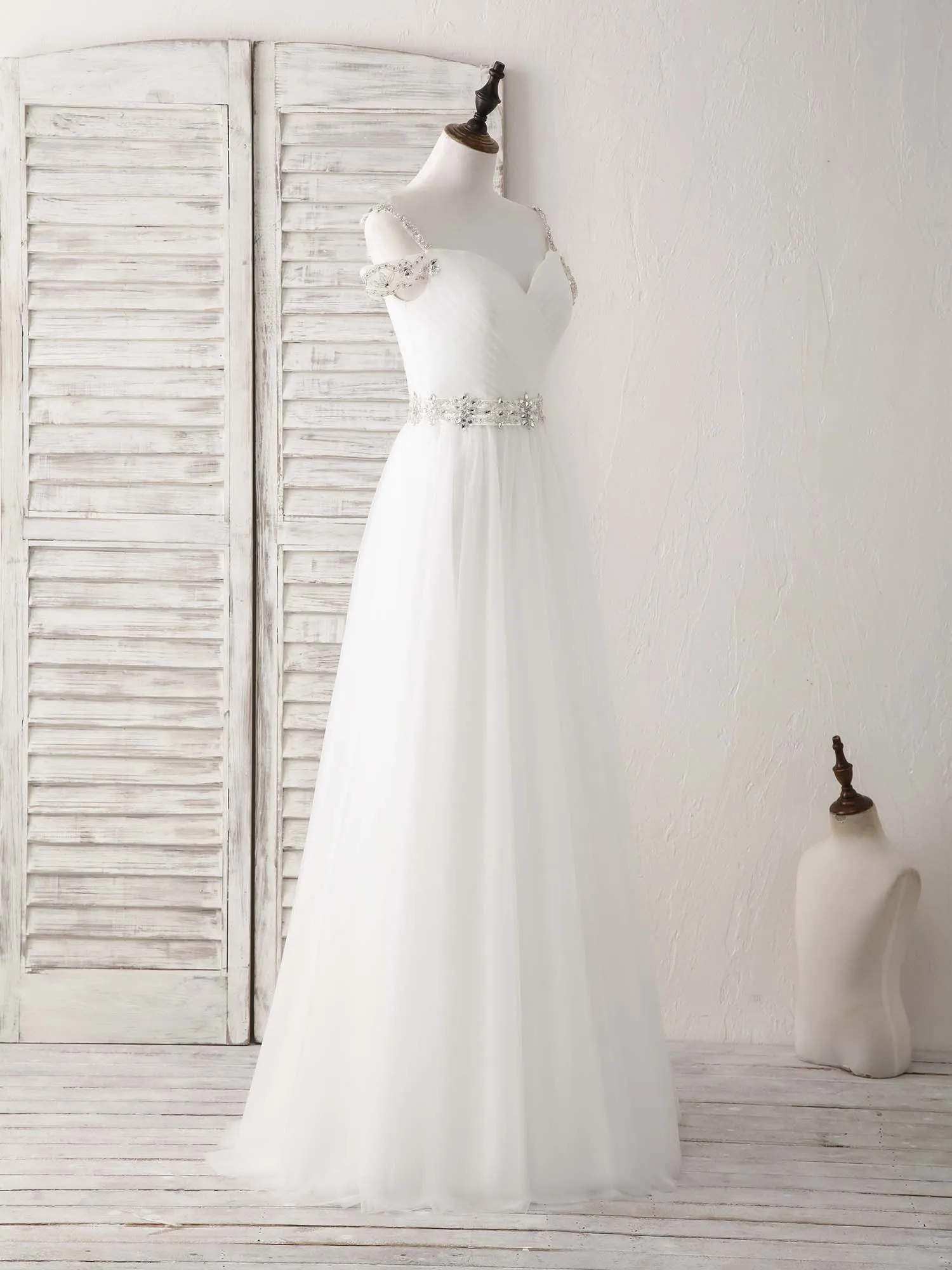White Off Shoulder Tulle Beads Long Prom Dress White Evening Dress