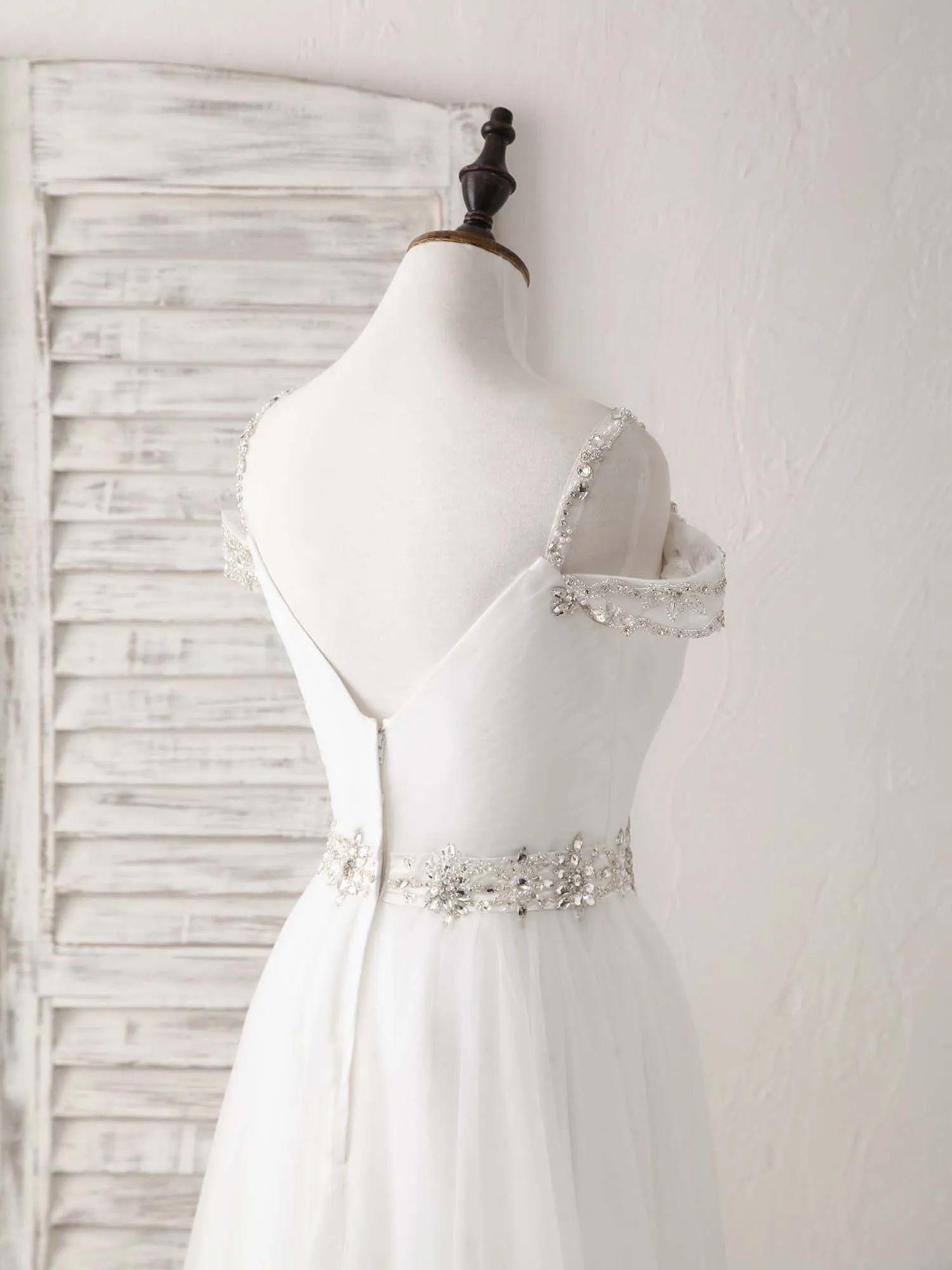 White Off Shoulder Tulle Beads Long Prom Dress White Evening Dress