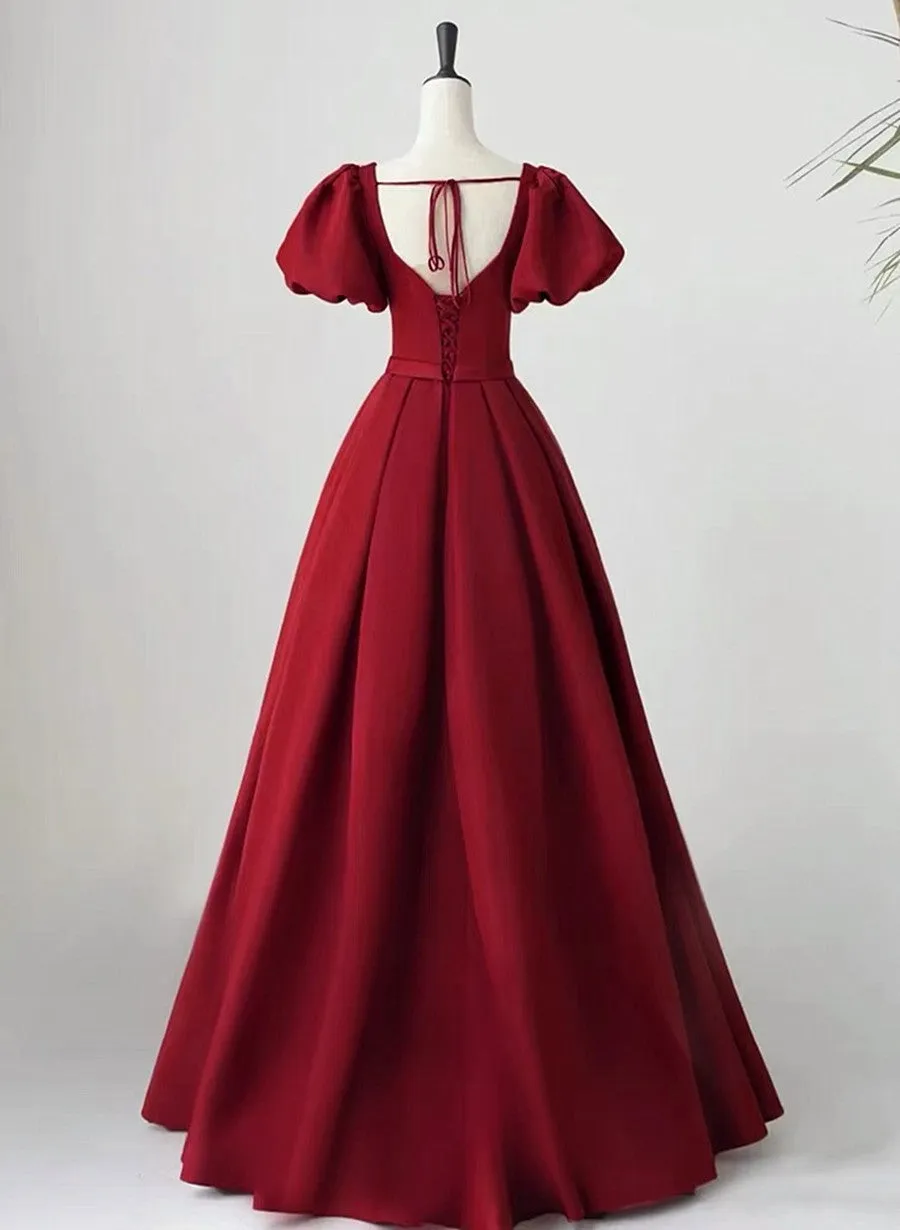 Wine Red Short Sleeves A-line Floor Length Party Dress, Long Prom Dress