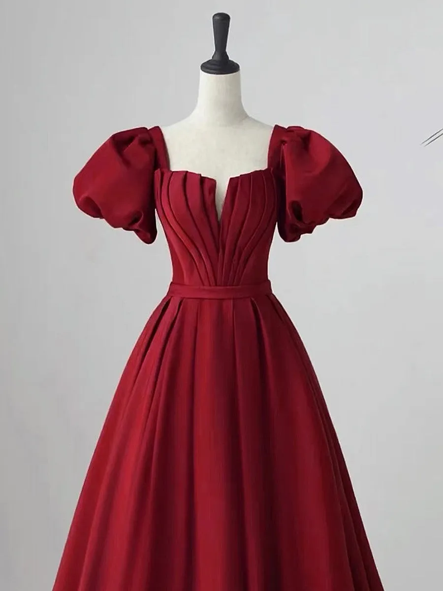Wine Red Short Sleeves A-line Floor Length Party Dress, Long Prom Dress