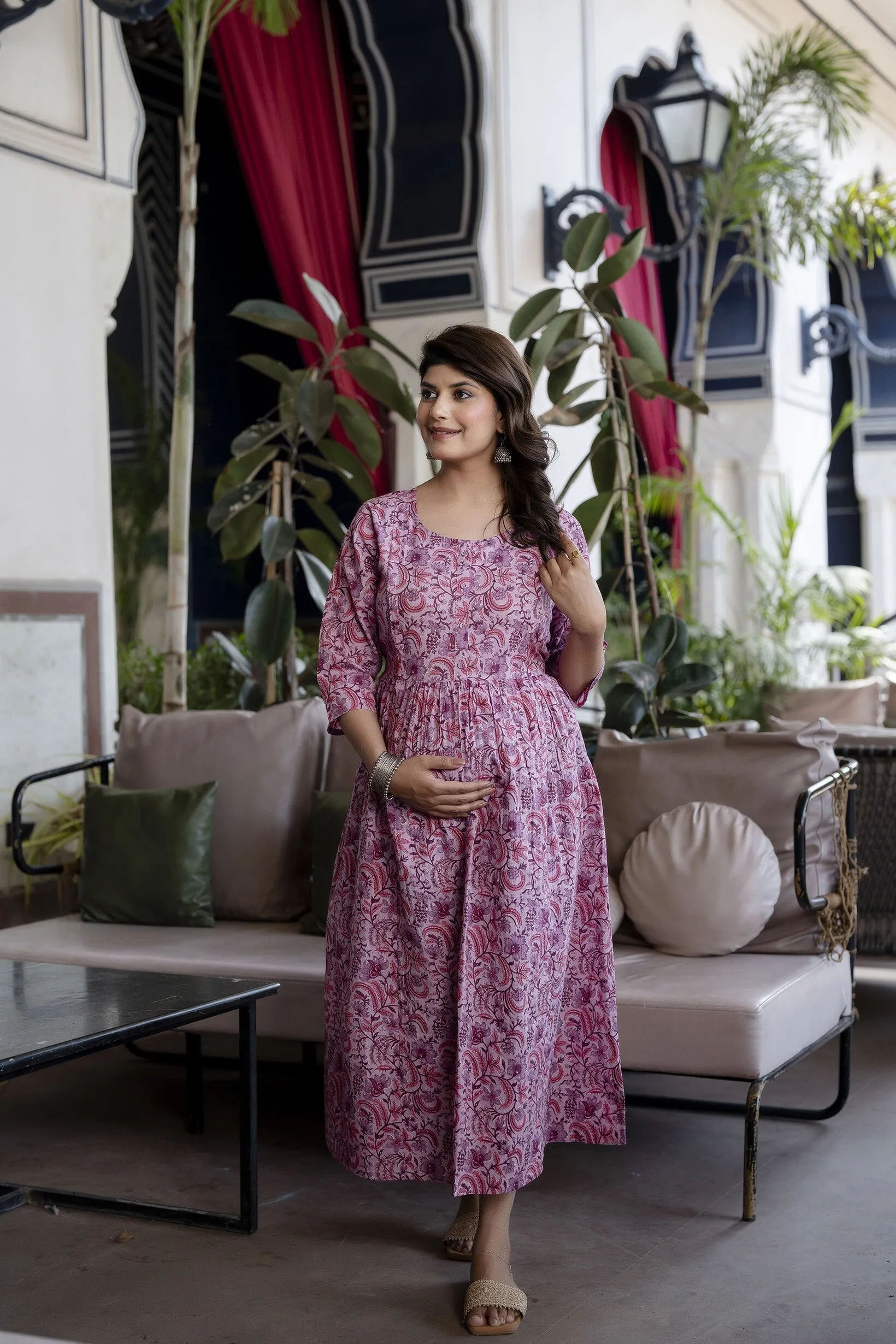 Women Lavender Printed Flared Maternity Dress