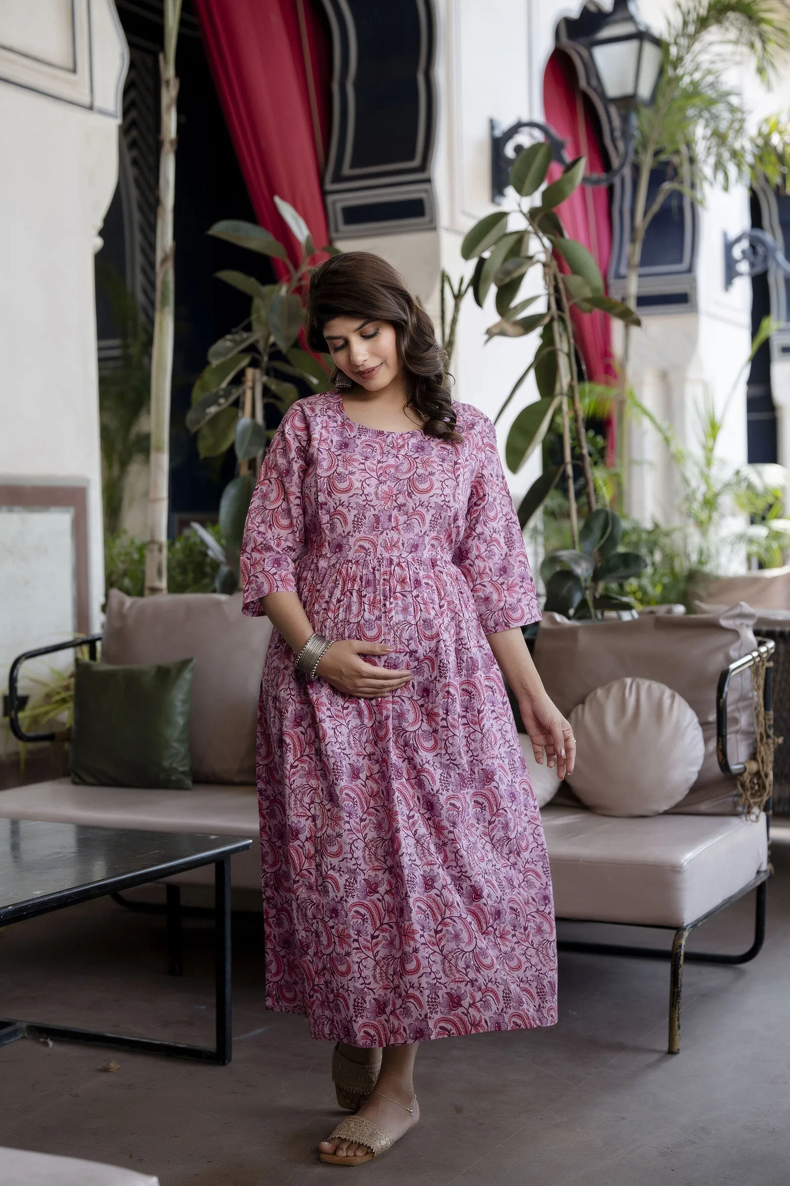 Women Lavender Printed Flared Maternity Dress