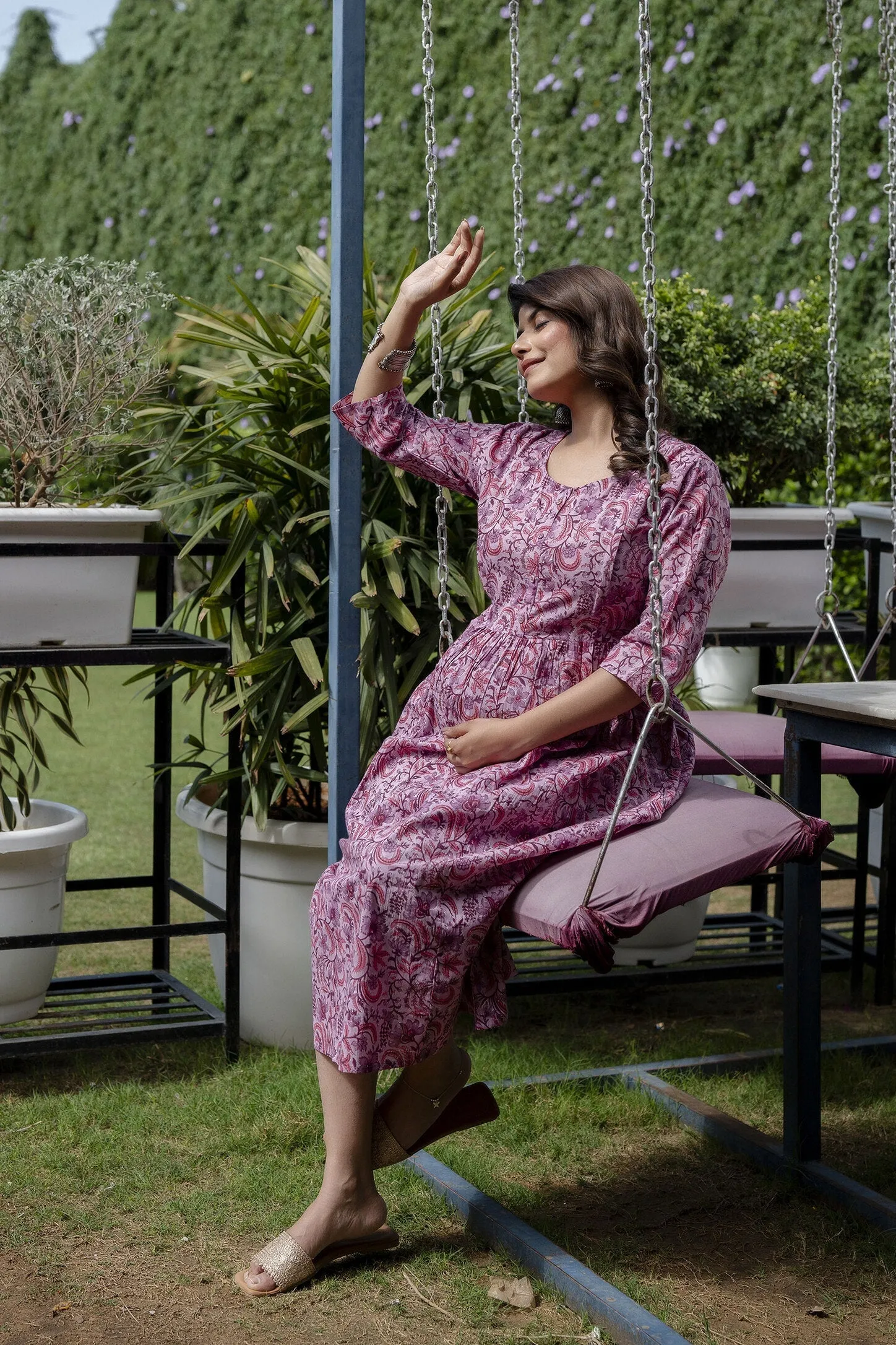 Women Lavender Printed Flared Maternity Dress