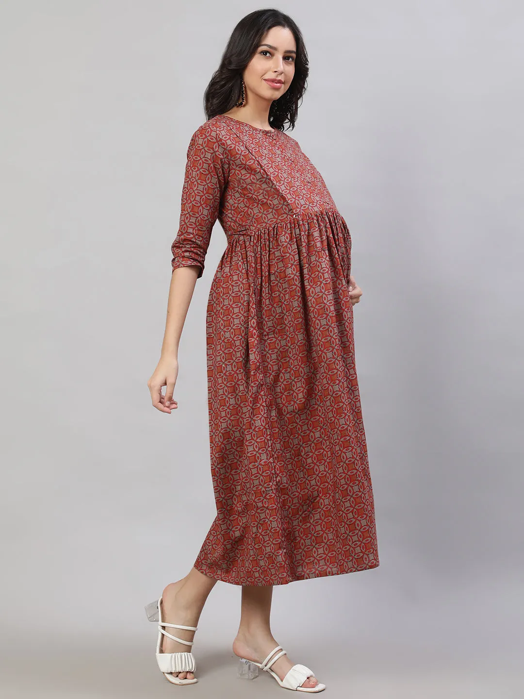 Women Rust Printed Flared Maternity Dress