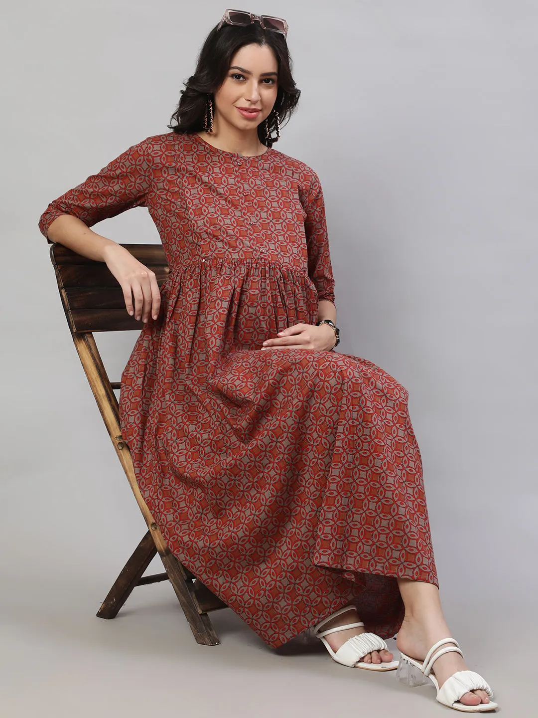 Women Rust Printed Flared Maternity Dress