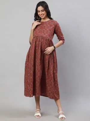 Women Rust Printed Flared Maternity Dress