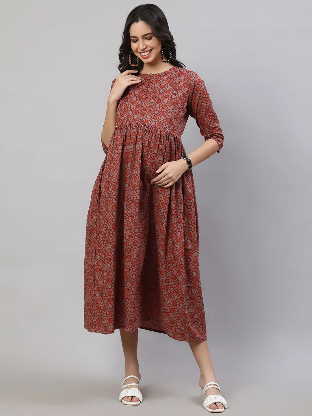 Women Rust Printed Flared Maternity Dress
