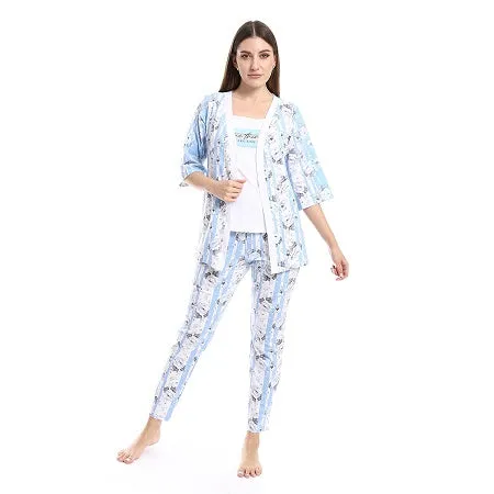 Women's 3-Piece Cotton Summer Pajama Set, Soft and Comfy - Blue