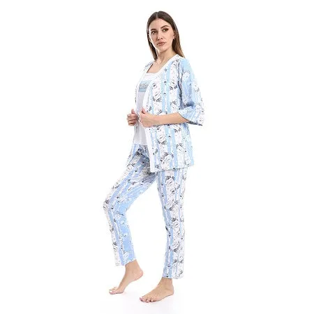 Women's 3-Piece Cotton Summer Pajama Set, Soft and Comfy - Blue