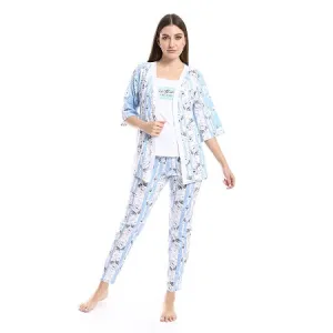Women's 3-Piece Cotton Summer Pajama Set, Soft and Comfy - Blue