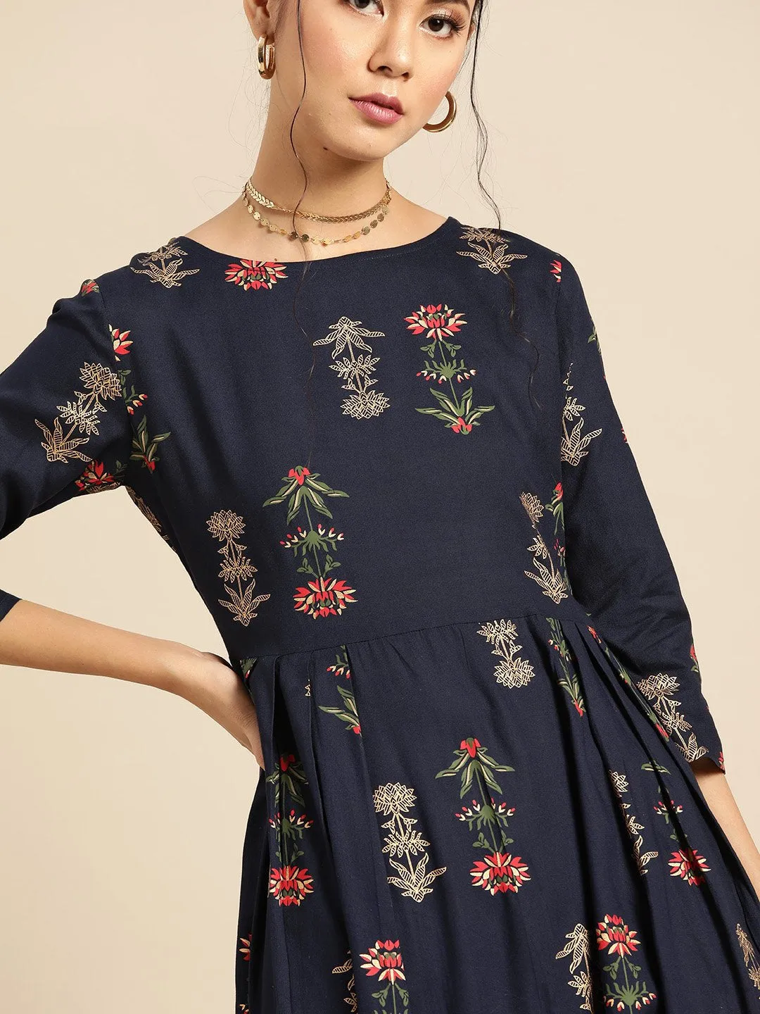 Womens Navy Blue Gold Printed Dress With Boat Neck & Three Quarter Sleeves