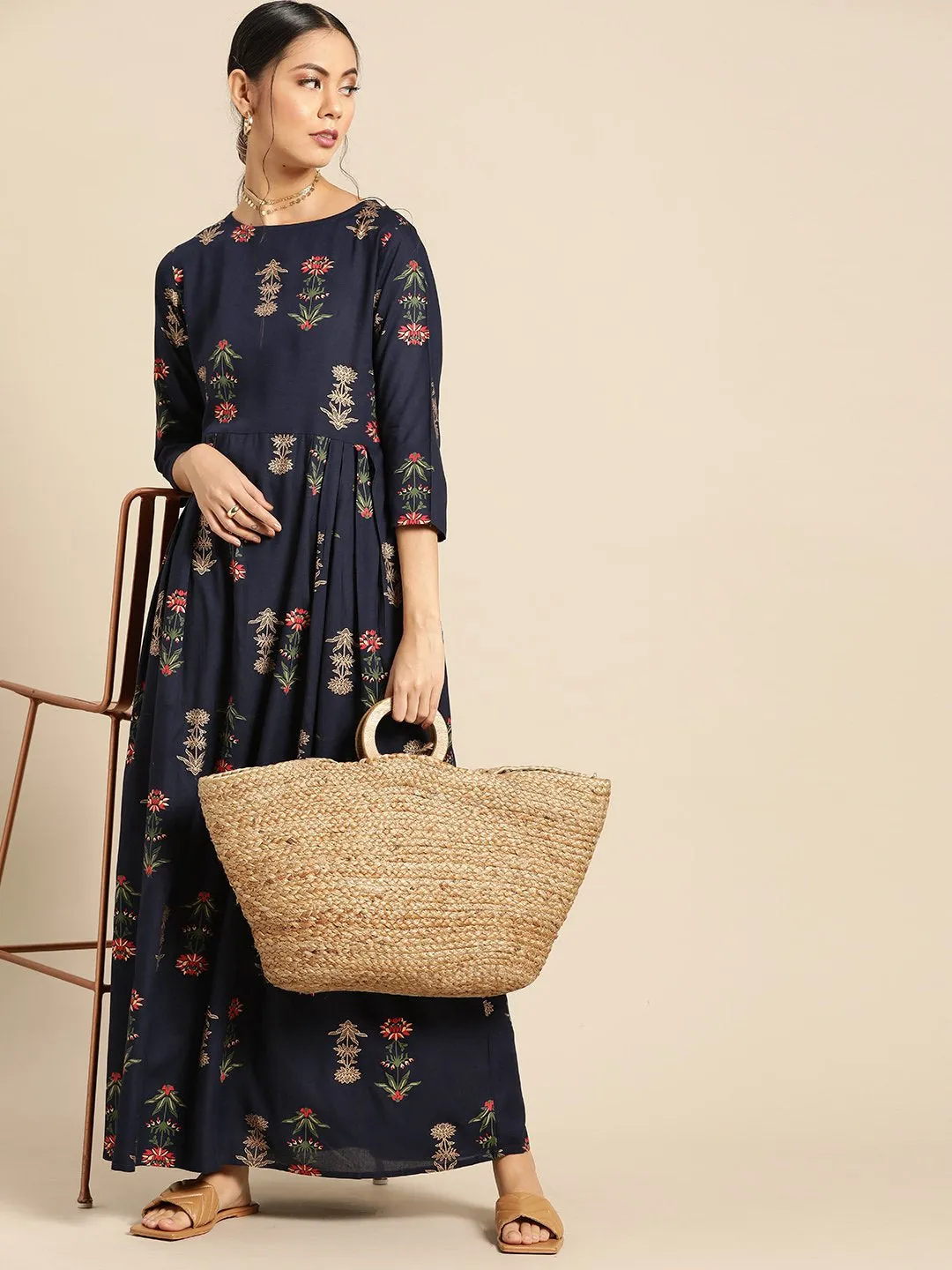 Womens Navy Blue Gold Printed Dress With Boat Neck & Three Quarter Sleeves