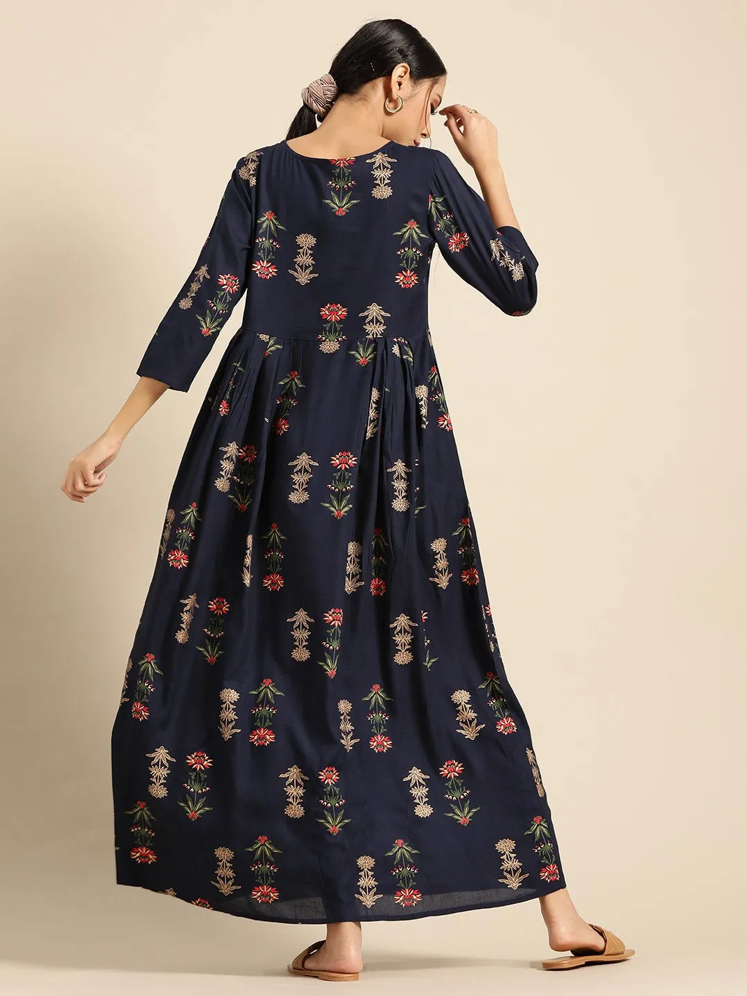 Womens Navy Blue Gold Printed Dress With Boat Neck & Three Quarter Sleeves