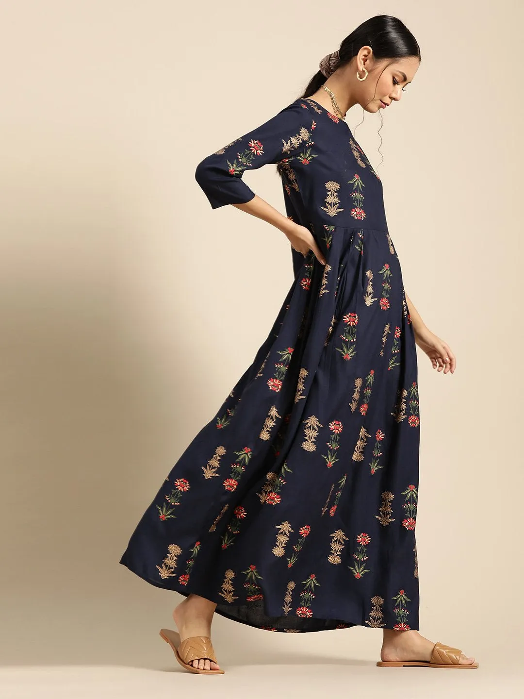 Womens Navy Blue Gold Printed Dress With Boat Neck & Three Quarter Sleeves