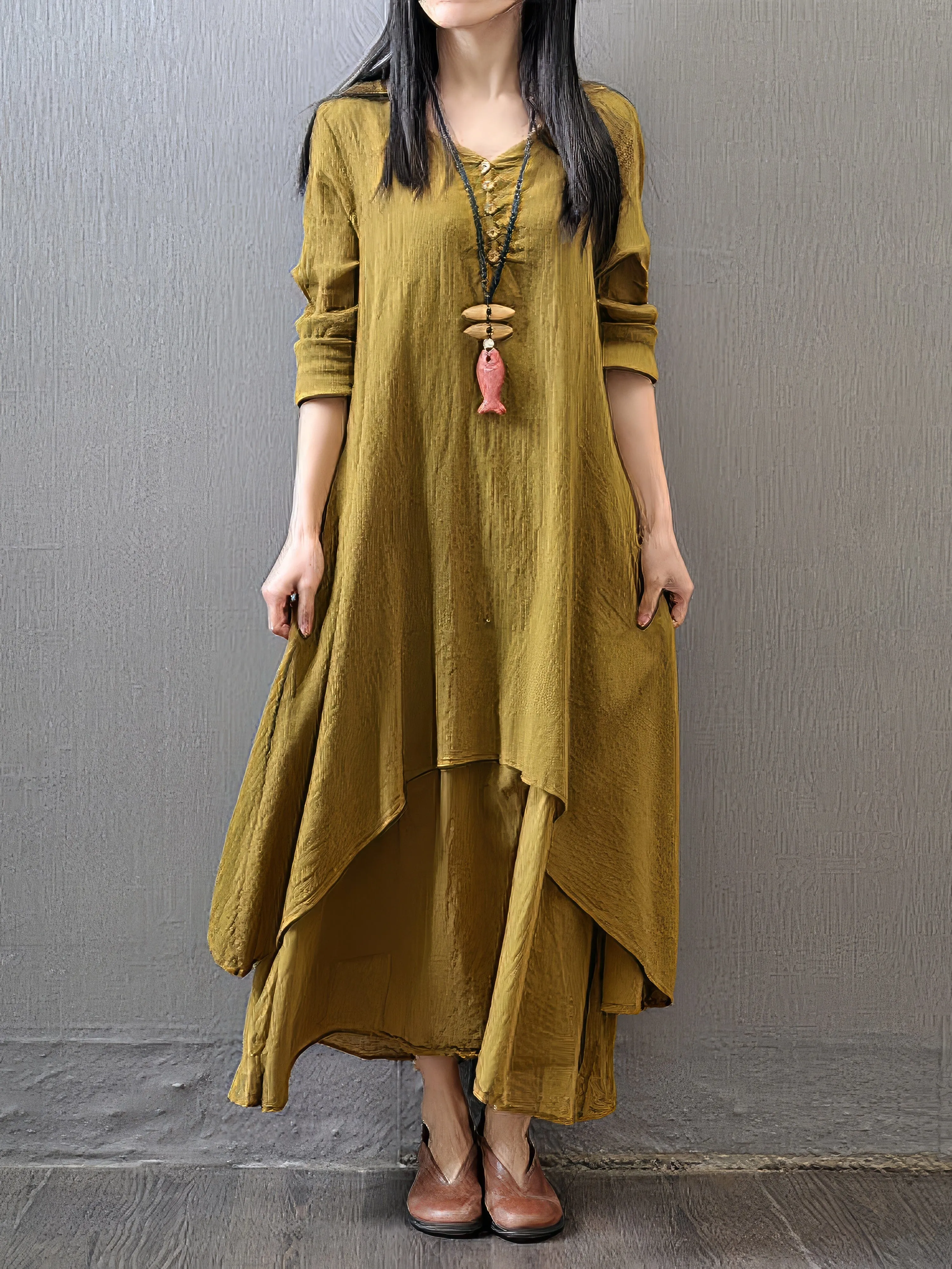 Women's Plus Size Casual Dress Swing Dress Solid Color Long Dress Maxi Dress Long Sleeve Button Fake Two Piece V Neck