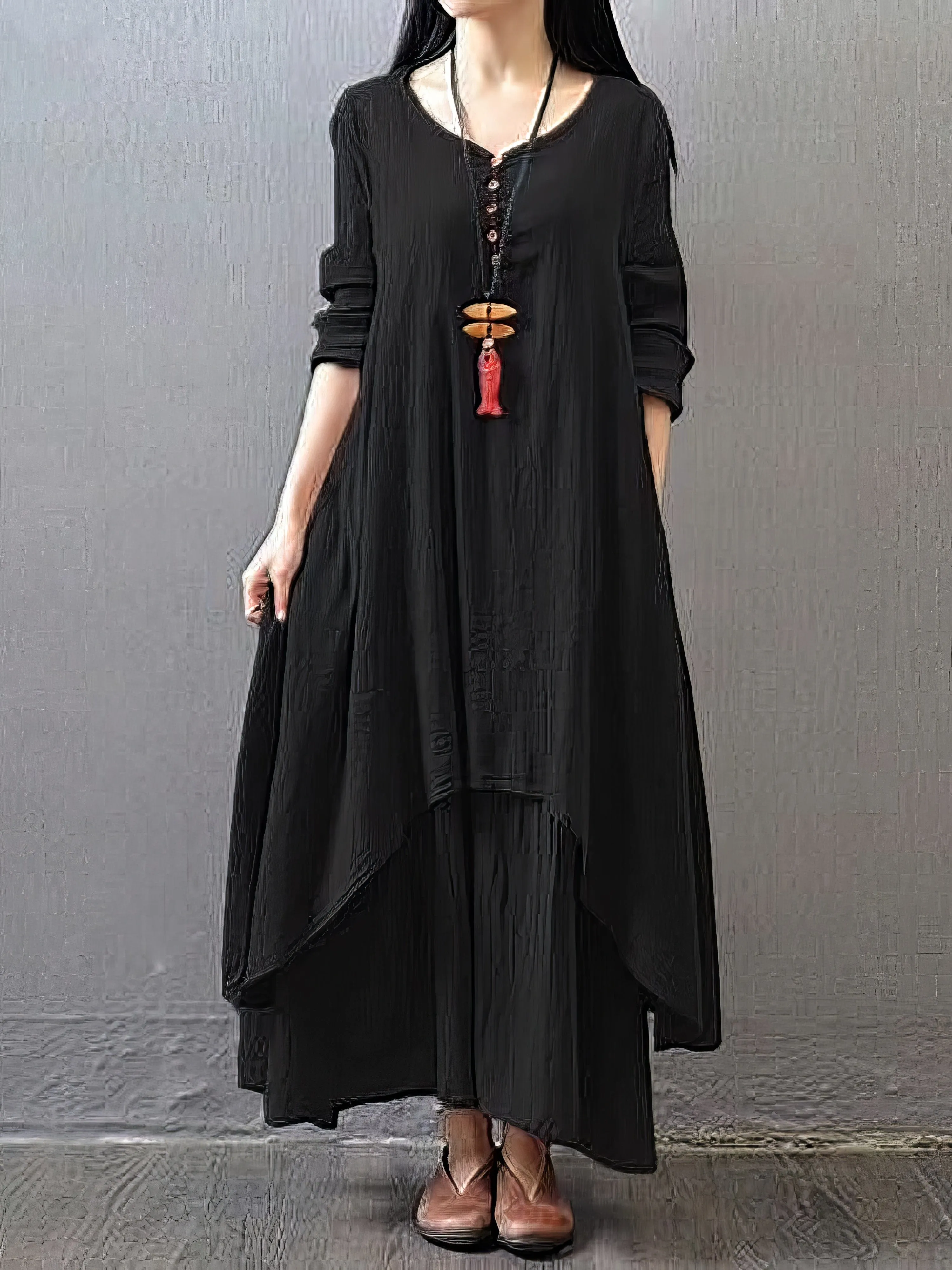 Women's Plus Size Casual Dress Swing Dress Solid Color Long Dress Maxi Dress Long Sleeve Button Fake Two Piece V Neck