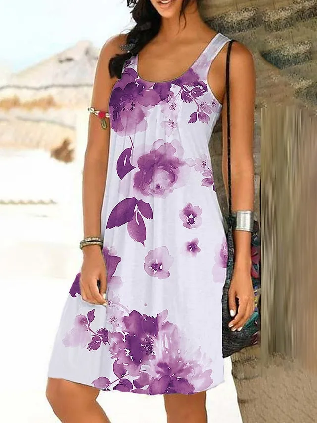 Women's Shift Dress Mid-Length Short Sleeve Floral Fake Two-Piece Set 2023 Spring And Summer Crewneck Casual Weekend