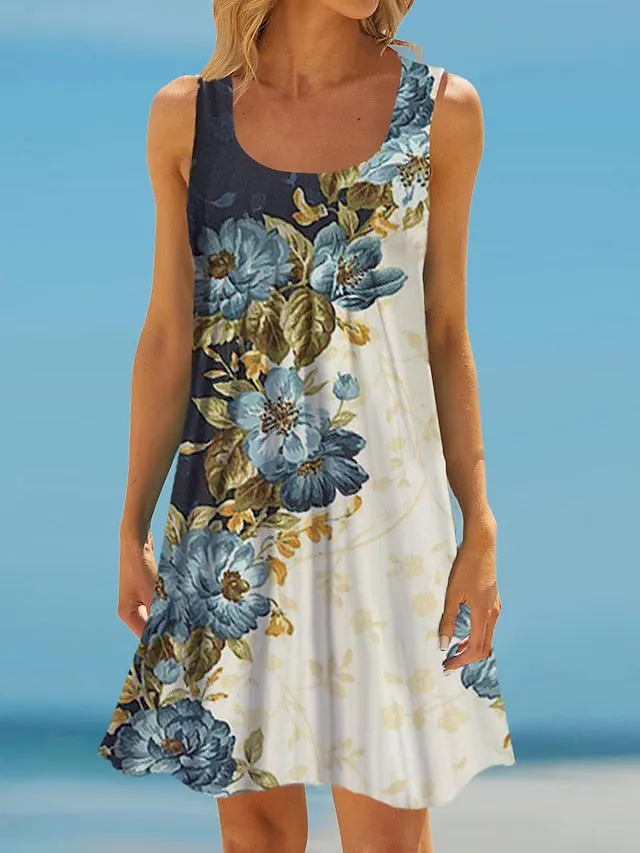 Women's Shift Dress Mid-Length Short Sleeve Floral Fake Two-Piece Set 2023 Spring And Summer Crewneck Casual Weekend