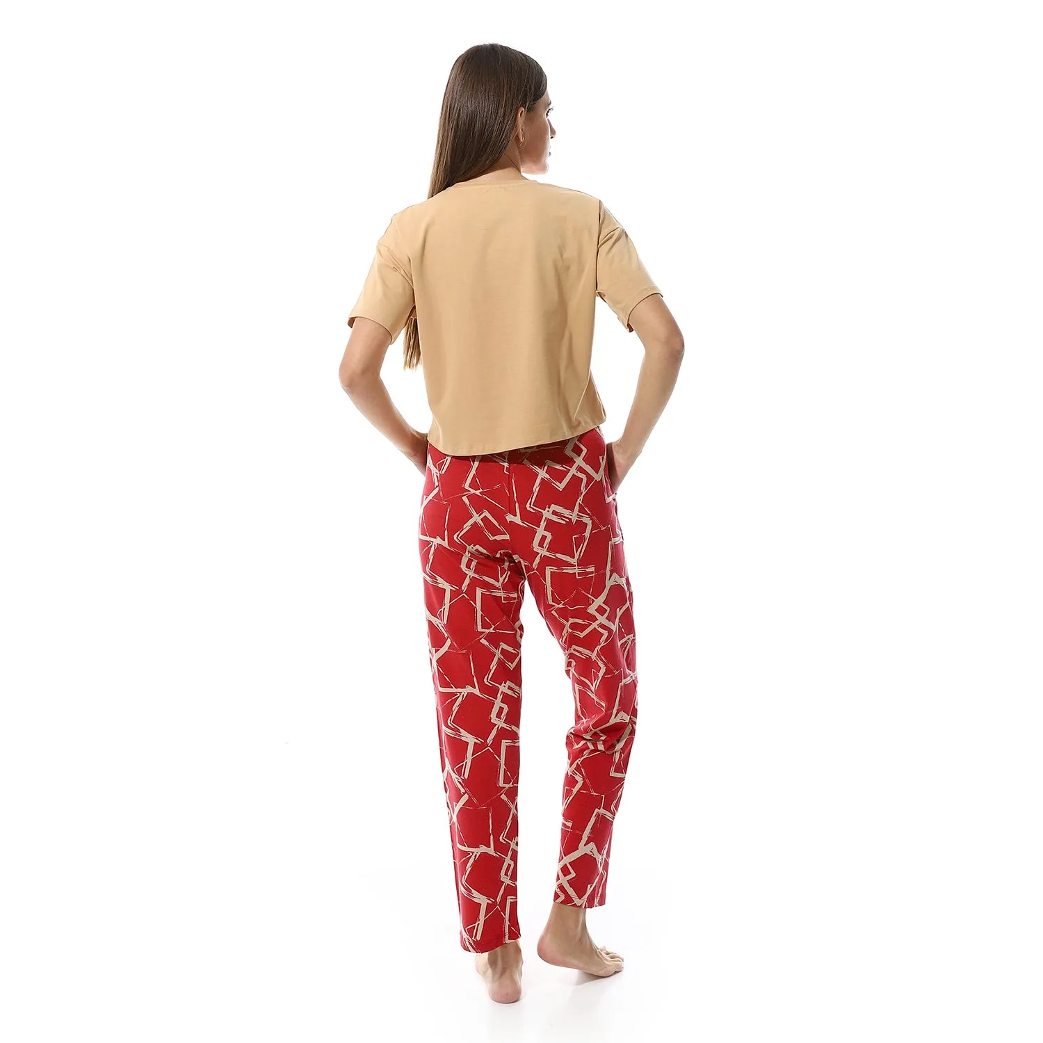 Women's Summer Pajamas Crop Shirt & Pants -Beige & Red